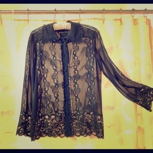 Black lace transparent Anna Sui Party blouse